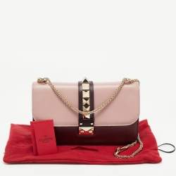 Pre Owned Valentino Burgundy/Pink Leather Medium Rockstud Glam Lock Flap Bag