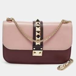 Pre Owned Valentino Burgundy/Pink Leather Medium Rockstud Glam Lock Flap Bag