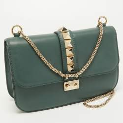 Pre Owned Valentino Green Leather Medium Rockstud Glam Lock Flap Bag