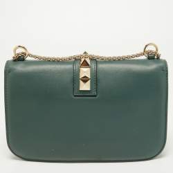 Pre Owned Valentino Green Leather Medium Rockstud Glam Lock Flap Bag