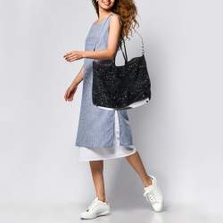 Pre Owned Valentino Black Laser Cut Calfhair and Patent Leather Crystal Embellished Tote