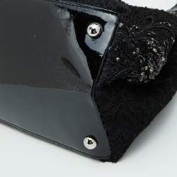 Pre Owned Valentino Black Laser Cut Calfhair and Patent Leather Crystal Embellished Tote