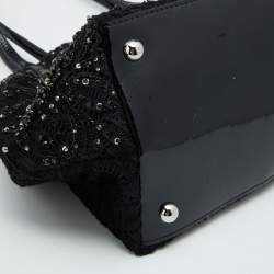 Pre Owned Valentino Black Laser Cut Calfhair and Patent Leather Crystal Embellished Tote
