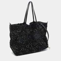 Pre Owned Valentino Black Laser Cut Calfhair and Patent Leather Crystal Embellished Tote