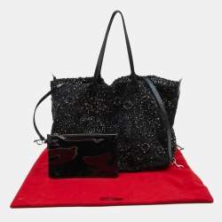 Pre Owned Valentino Black Laser Cut Calfhair and Patent Leather Crystal Embellished Tote