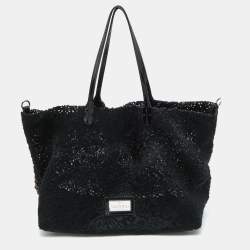 Pre Owned Valentino Black Laser Cut Calfhair and Patent Leather Crystal Embellished Tote