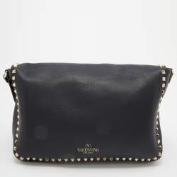 Valentino Black Leather Rockstud Flip Lock Front Pocket Flap Messenger Bag 