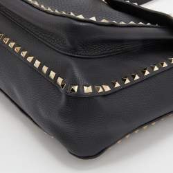 Valentino Black Leather Rockstud Flip Lock Front Pocket Flap Messenger Bag 