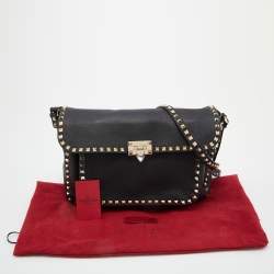 Valentino Black Leather Rockstud Flip Lock Front Pocket Flap Messenger Bag 