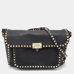 Valentino Black Leather Rockstud Flip Lock Front Pocket Flap Messenger Bag 