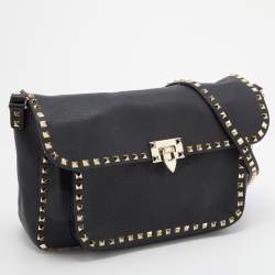 Valentino Black Leather Rockstud Flip Lock Front Pocket Flap Messenger Bag 