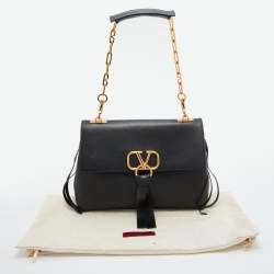 Pre Owned Valentino Black Leather Medium VRING Chain Shoulder Bag