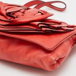 Pre Owned Valentino Coral Orange Leather Rose Flap Shoulder Bag