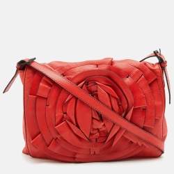 Pre Owned Valentino Coral Orange Leather Rose Flap Shoulder Bag