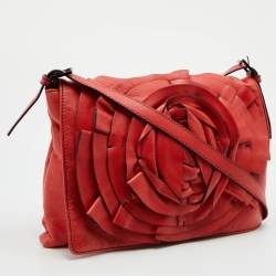 Pre Owned Valentino Coral Orange Leather Rose Flap Shoulder Bag