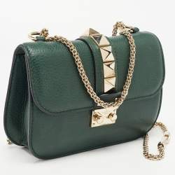 Pre Owned Valentino Green Leather Small Rockstud Glam Lock Flap Bag