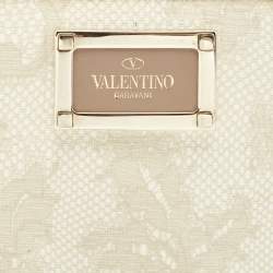 Pre Owned Valentino Cream Lace Print Leather Logo Compact Wallet