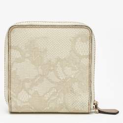 Pre Owned Valentino Cream Lace Print Leather Logo Compact Wallet