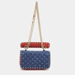 Valentino Blue/Red Quilted Denim and Leather Small Rockstud Spike Chain Shoulder Bag