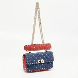 Valentino Blue/Red Quilted Denim and Leather Small Rockstud Spike Chain Shoulder Bag