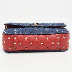 Valentino Blue/Red Quilted Denim and Leather Small Rockstud Spike Chain Shoulder Bag