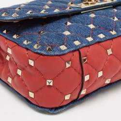 Valentino Blue/Red Quilted Denim and Leather Small Rockstud Spike Chain Shoulder Bag