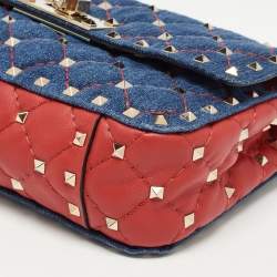 Valentino Blue/Red Quilted Denim and Leather Small Rockstud Spike Chain Shoulder Bag