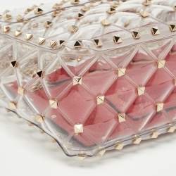 Pre Owned Valentino Clear/Red PVC Medium Rockstud Spike Top Handle Bag