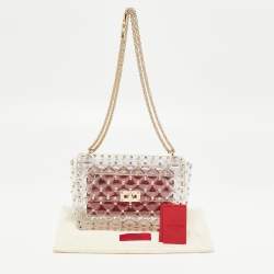 Pre Owned Valentino Clear/Red PVC Medium Rockstud Spike Top Handle Bag