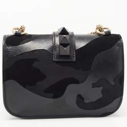Pre Owned Valentino Black Camo Leather Small Rockstud Glam Lock Flap Bag