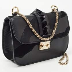 Pre Owned Valentino Black Camo Leather Small Rockstud Glam Lock Flap Bag