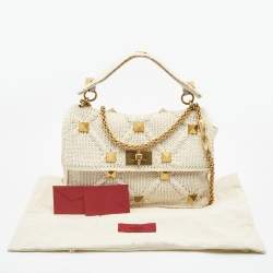 Pre Owned Valentino Off White Knitted Fabric Large Roman Stud Chain Bag