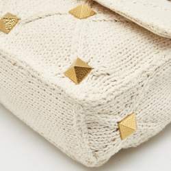 Pre Owned Valentino Off White Knitted Fabric Large Roman Stud Chain Bag