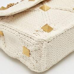 Pre Owned Valentino Off White Knitted Fabric Large Roman Stud Chain Bag
