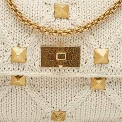 Pre Owned Valentino Off White Knitted Fabric Large Roman Stud Chain Bag