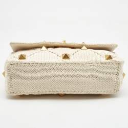 Pre Owned Valentino Off White Knitted Fabric Large Roman Stud Chain Bag