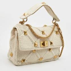 Pre Owned Valentino Off White Knitted Fabric Large Roman Stud Chain Bag