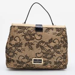 Pre Owned Valentino Beige/Black Raffia, Lace and Patent Leather Top Handle Bag