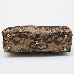 Pre Owned Valentino Beige/Black Raffia, Lace and Patent Leather Top Handle Bag