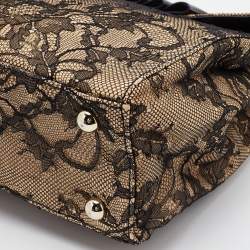 Pre Owned Valentino Beige/Black Raffia, Lace and Patent Leather Top Handle Bag