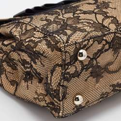 Pre Owned Valentino Beige/Black Raffia, Lace and Patent Leather Top Handle Bag