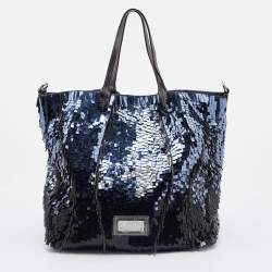 Pre Owned Valentino Blue/Silver Crystal Embellished Satin, Sequins and Leather Shopper Tote
