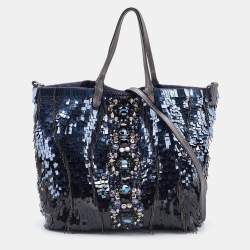 Pre Owned Valentino Blue/Silver Crystal Embellished Satin, Sequins and Leather Shopper Tote