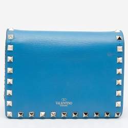 Pre Owned Valentino Blue Leather Flap Rockstud Wallet on Chain