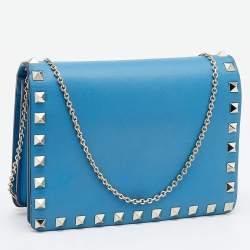 Pre Owned Valentino Blue Leather Flap Rockstud Wallet on Chain