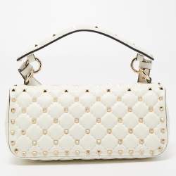 Pre Owned Valentino White Quilted Leather Rockstud Spike Top Handle Bag