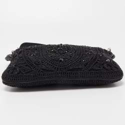 مملوكة مسبقًا Valentino Black Bead Embellished Crochet Fabric V Ring Baguette Bag