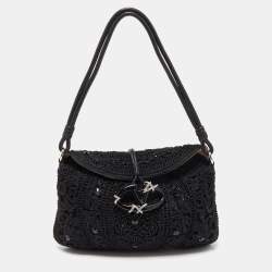 مملوكة مسبقًا Valentino Black Bead Embellished Crochet Fabric V Ring Baguette Bag