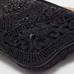 مملوكة مسبقًا Valentino Black Bead Embellished Crochet Fabric V Ring Baguette Bag