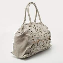 Pre Owned Valentino Grey Leather Petal Embroidered Alice Glam Frame Satchel